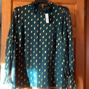 Festive emerald green blouse with gold threaded accents. Long sheer sleeves.